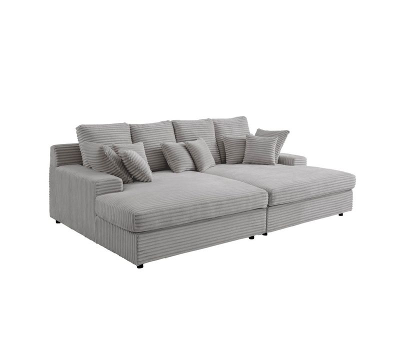 Canapé Droit 4 Places Fluffy Double Méridienne Et Assise Profonde En Velours Côtelé - Gris Clair