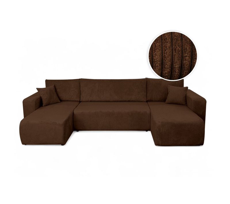 Canapé D'angle Alya Panoramique Convertible 6 Places En Velours Cotelé - Marron