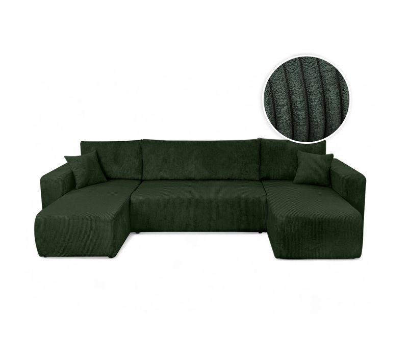 Canapé D'angle Alya Panoramique Convertible 6 Places En Velours Cotelé - Vert Foncé