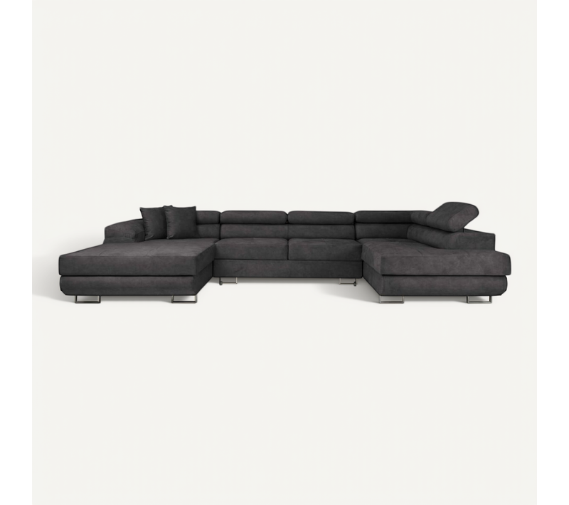 Canapé Panoramique 6 Places Flavio Convertible Avec 2 Coffres En Tissu - Gris Foncé