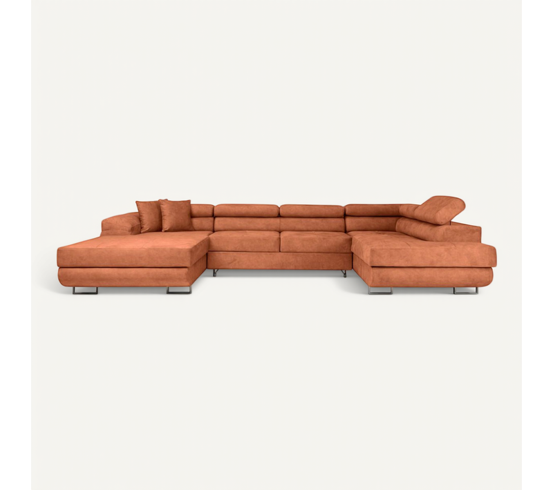 Canapé Panoramique 6 Places Flavio Convertible Avec 2 Coffres En Tissu - Terracotta