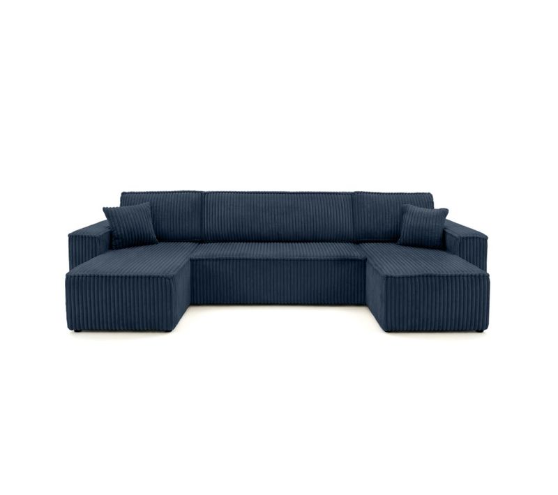 Canapé D'angle Panoramique Convertible 6 Places Farah En Velours Cotelé épais - Bleu Foncé