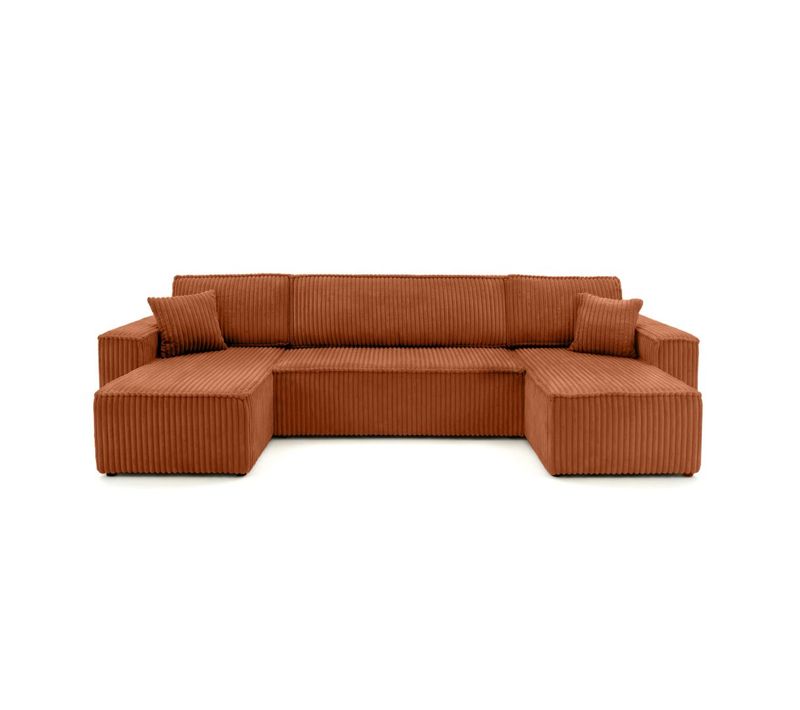 Canapé D'angle Panoramique Convertible 6 Places Farah En Velours Cotelé épais - Terracotta