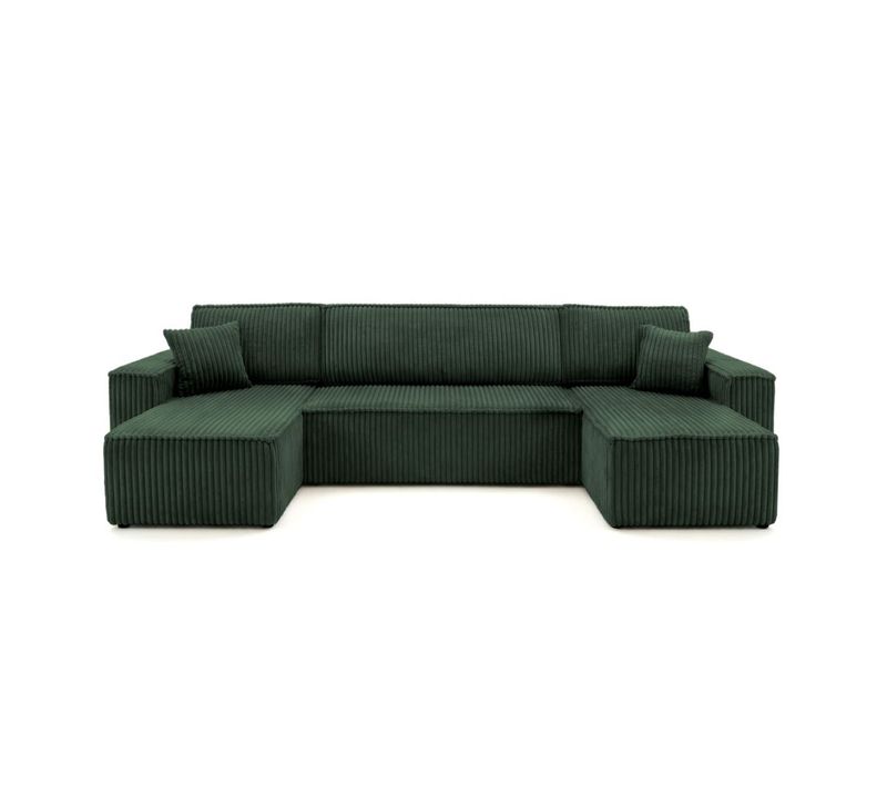 Canapé D'angle Panoramique Convertible 6 Places Farah En Velours Cotelé épais - Vert Foncé