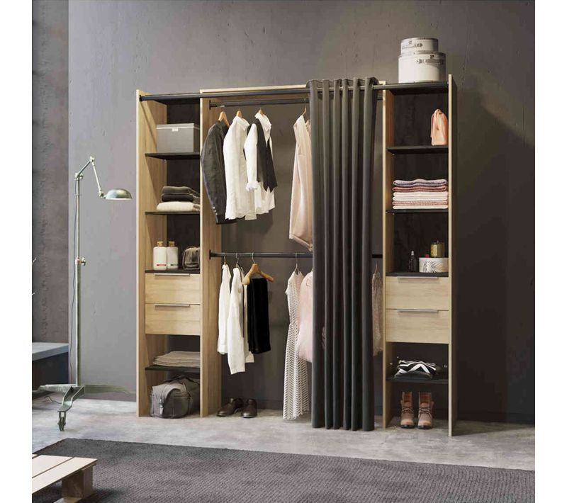 Dressing Ouvert Avec Rideau, Extensible En Bois Imitation Chêne