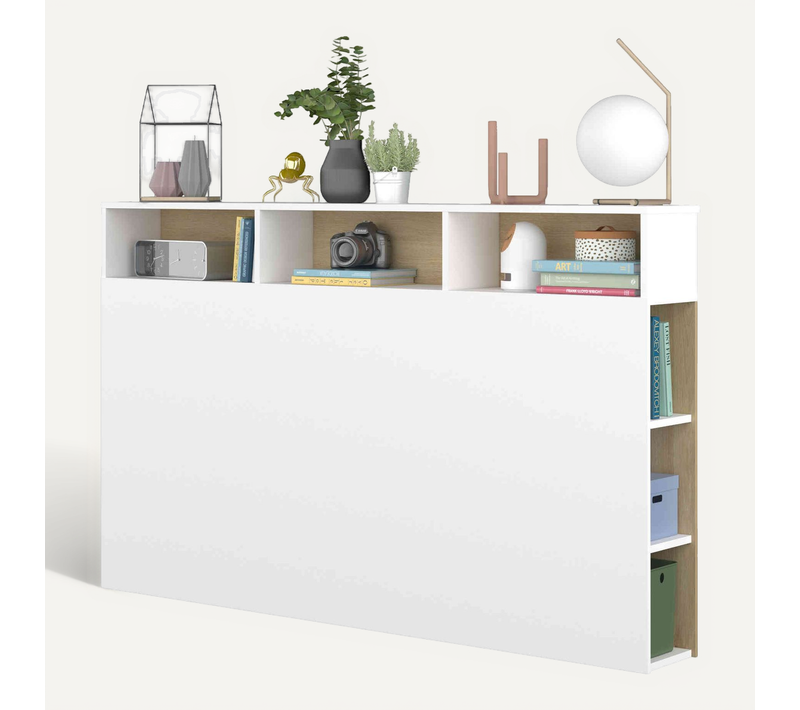 Tête De Lit Avec Niches De Rangement En Bois Blanc Et Imitation Chêne 160 Cm