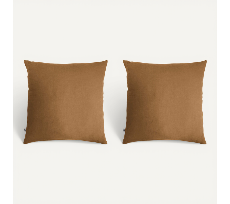 2 Taies D'oreillers Double Gaze De Coton Marron 60x60 Cm