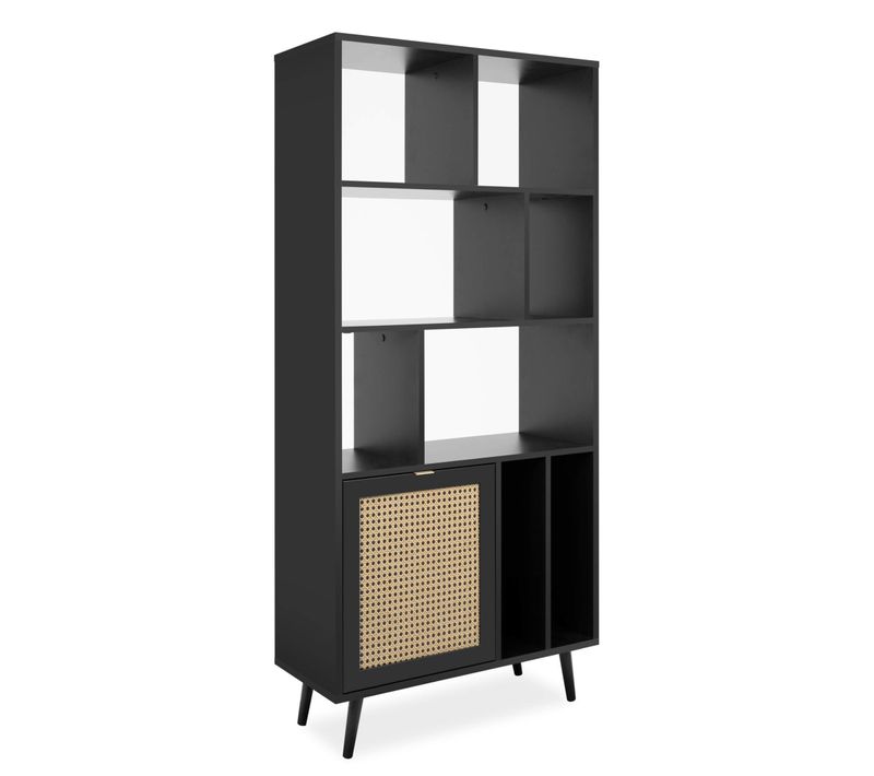 Bibliothèque 8 Cases 1 Porte Impression Cannage + Portes Noir