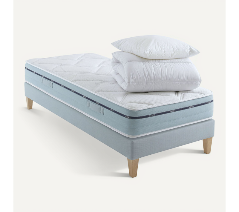 Ensemble Matelas Mousse Accueil Mémoire De Forme, Sommier, Pieds, Couette, Oreiller Songe 500 80x210
