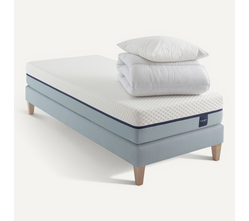 Ensemble Matelas Mousse Accueil Mémoire De Forme, Sommier, Pieds, Couette, Oreiller Songe 600 70x200