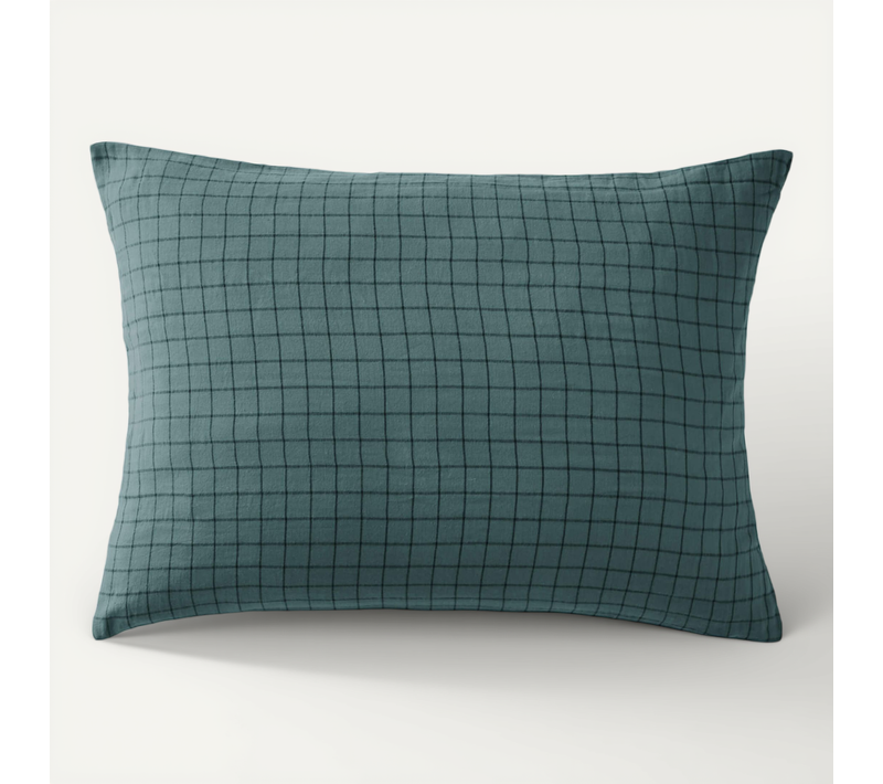 Taie D'oreiller à Carreaux Double Gaze De Coton Bleu Canard 50x70