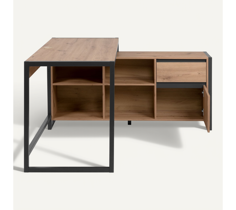 Bureau D'angle En Bois Clair Contrasté Tiroir + Porte Bois Clair