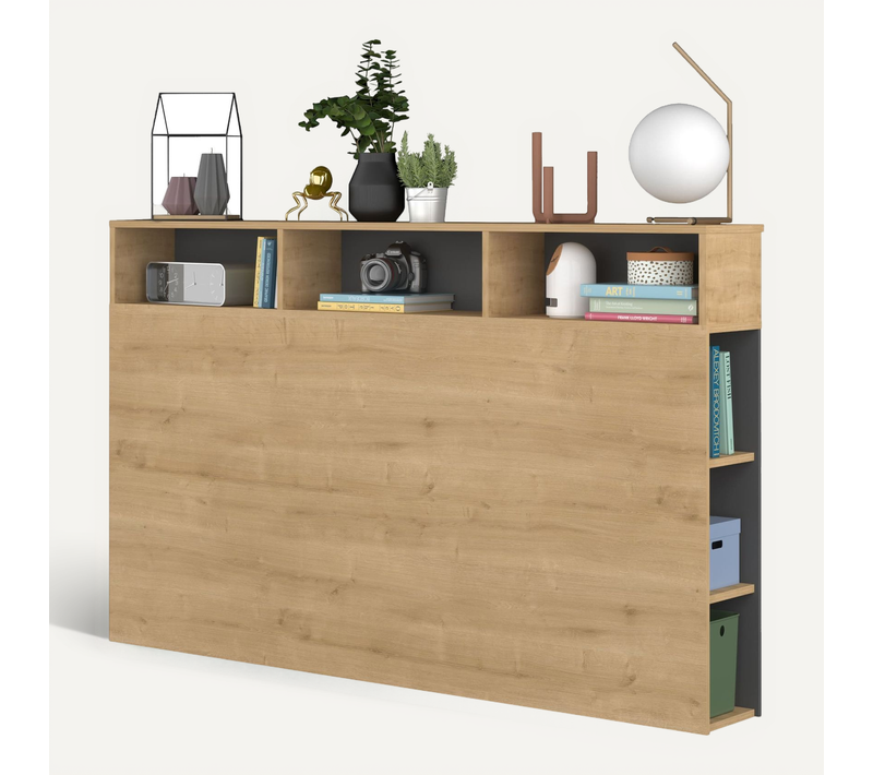 Tête De Lit Avec Niches De Rangement En Bois Clair Et Gris 160 Cm