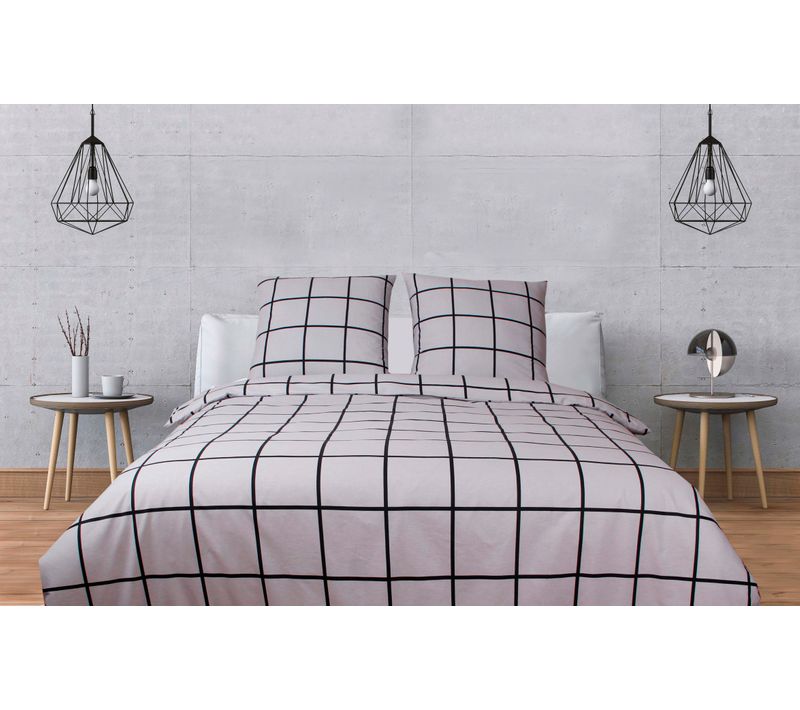 Housse De Couette + Taies Oreiller 200x200 Cm "carreaux Gris"  Coton Imprimé.