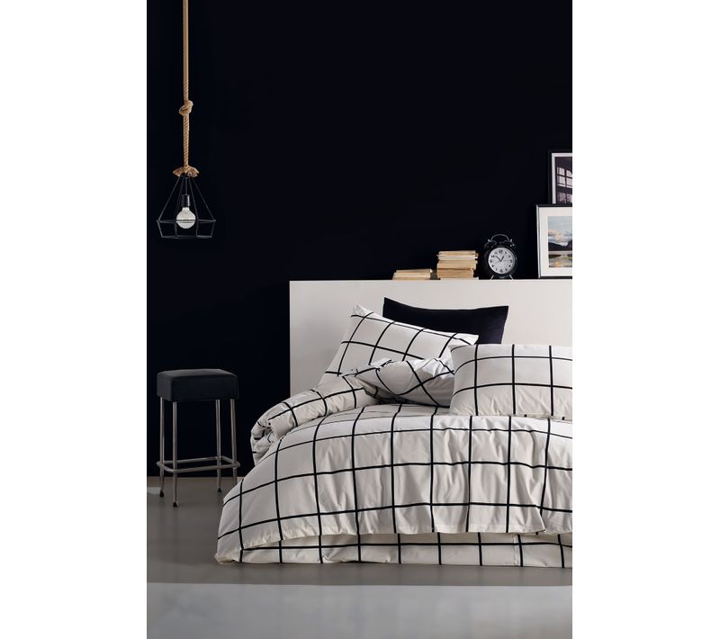 Housse De Couette + Taies Oreiller 240x220 Cm "carreaux Noir" Coton Imprimé.