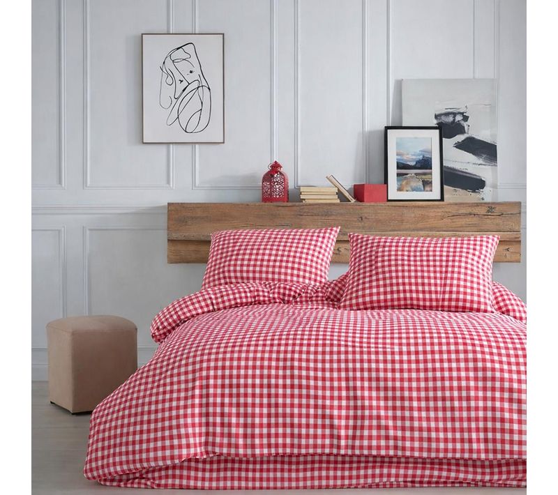 Housse De Couette + Taies D'oreiller 200x200 Cm "vichy Rose" Coton Imprimé.