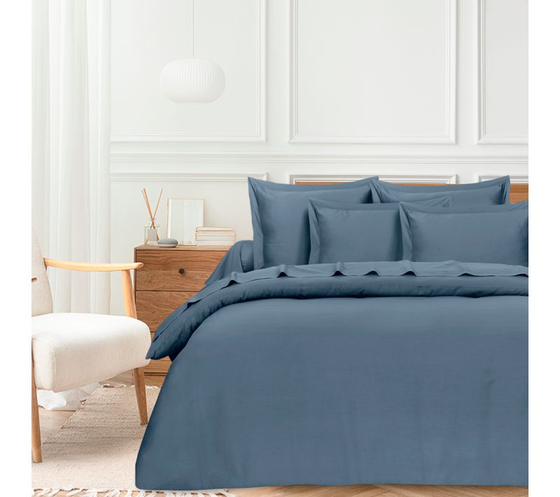 Parure De Lit 1 Personne 140x200 Cm  Satin De Coton Bleu