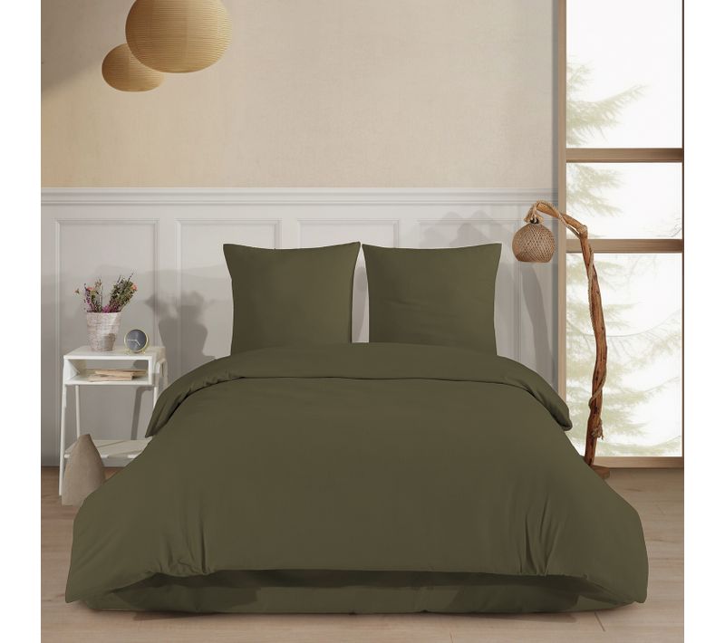 Parure De Lit 2 Personnes 240x220 Cm Flanelle De Coton Kaki