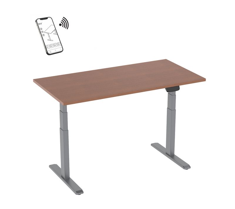 Bureau Motorisé Assis-debout 150x75cm Plateau Noyer/pied Gris