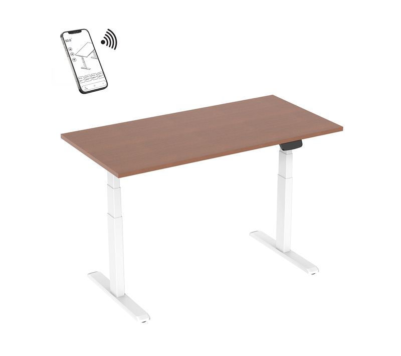 Bureau Motorisé Assis-debout 150x75cm Plateau Noyer/pied Blanc