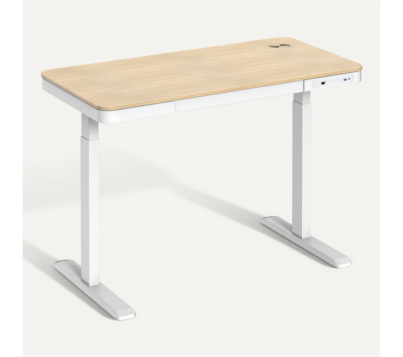 Bureau Motorisé Assis-debout 118x60cm Avec Tiroir Et Chargeur Sans Fil, Plateau Bois/pied Blanc