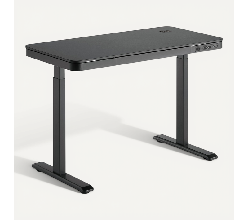 Bureau Motorisé Assis-debout 118x60cm Avec Tiroir Et Chargeur Sans Fil, Plateau Noir/pied Noir