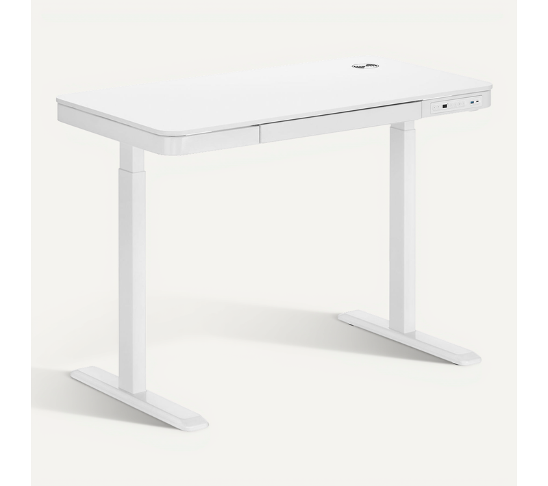 Bureau Motorisé Assis-debout 118x60cm Avec Tiroir Et Chargeur Sans Fil, Plateau Blanc/pied Blanc