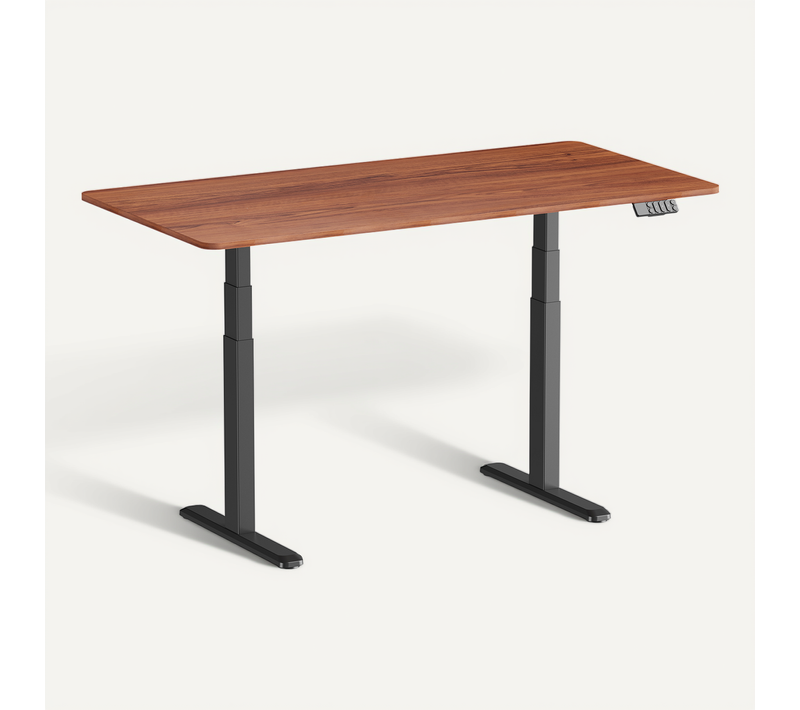 Bureau Motorisé Assis-debout 150x75cm, Plateau Noyer à Bords Arrondis/pied Noir