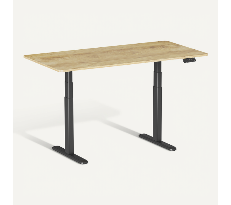 Bureau Motorisé Assis-debout 150x75cm, Plateau Bois Clair Rustique À Bords Arrondis/pied Noir