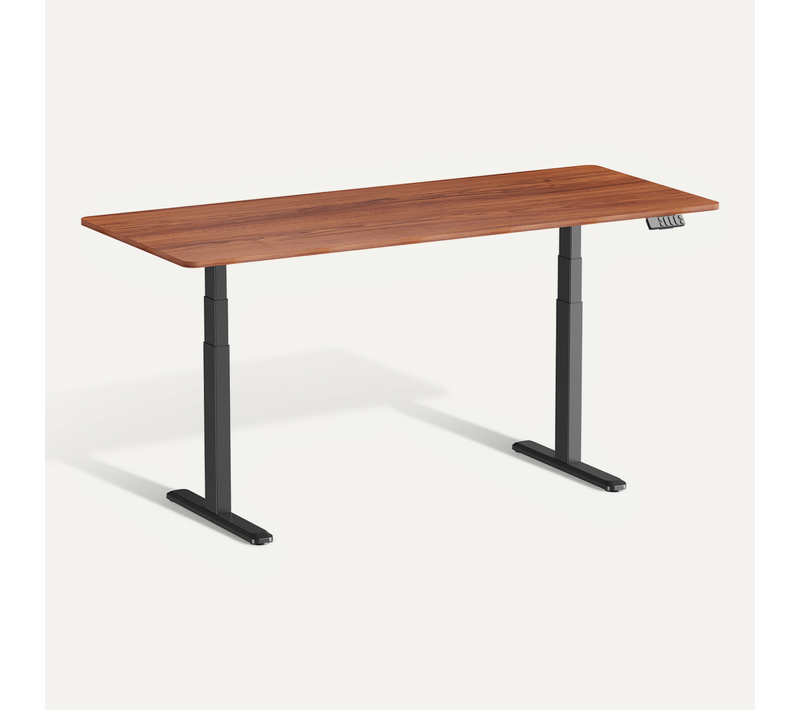 Bureau Motorisé Assis-debout 180x75cm, Plateau Noyer à Bords Arrondis/pied Noir