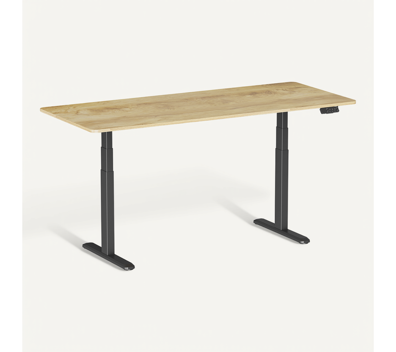 Bureau Motorisé Assis-debout 180x75cm, Plateau Bois Clair Rustique À Bords Arrondis/pied Noir