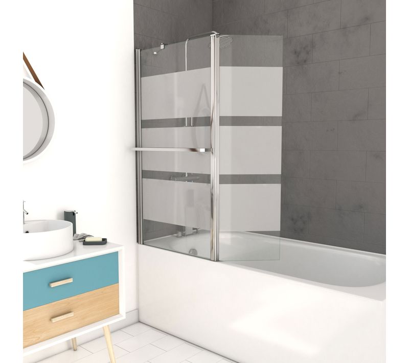 Pare Baignoire + Volet Pivotant 130x105- Profile Aluminium Chrome Et Verre Transparent Bande Depolie
