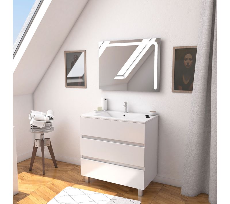 Ensemble Meuble De Salle De Bain Blanc 80 Cm Sur Pied 3 Tiroirs + Vasque Ceramique Blanche + Miroir