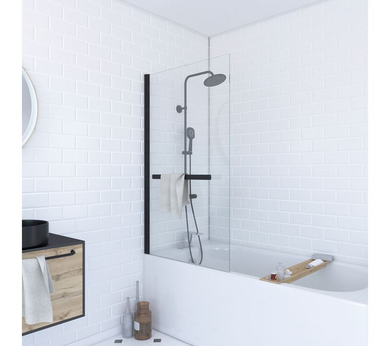 Pare Baignoire Pivotant Avec Porte-serviette 85x150cm - Profilé Noir - Verre 6mm - Tshape Dark