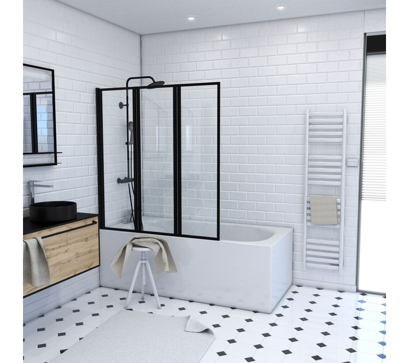Pare Baignoire Pivotant 3 Volets Noir Mat - 125x143 Cm - Verre Trempé 4 Mm - Zaggy Dark