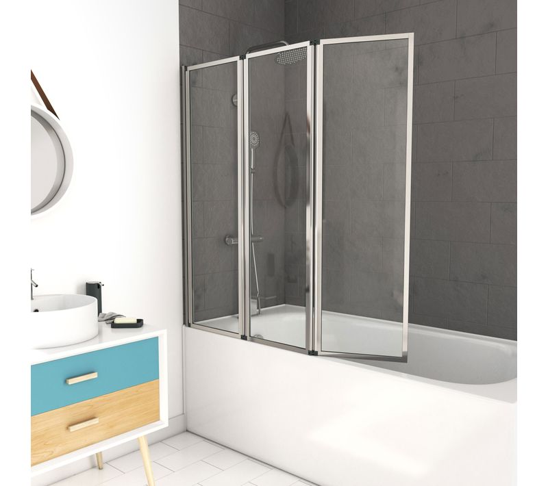 Pare Baignoire Pivotant 3 Volets Chrome - 125x143 Cm - Verre Trempé 4 Mm - Zaggy Chrome