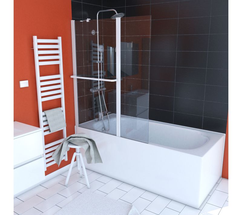 Pare Baignoire Avec Volet Pivotant 130x105cm Profile Aluminium Laque Blanc Et Verre Transparent