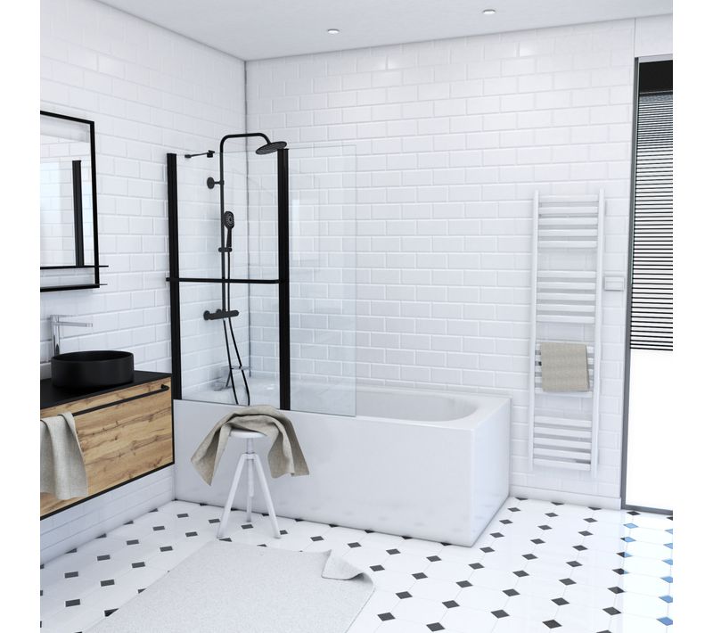 Pare Baignoire Avec Volet Pivotant 130x105cm Profile Aluminium Noir Mat Et Verre Transparent