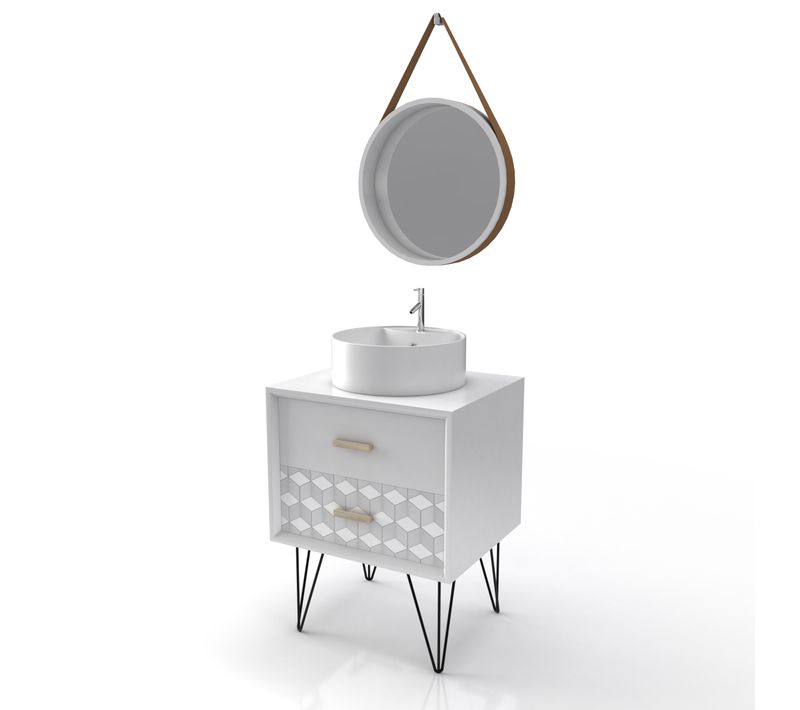 Meuble Salle De Bain Scandinave Blanc 60 Cm Sur Pieds Avec Tiroir, Vasque à Poser Et Miroir Rond