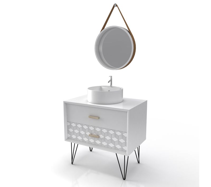 Meuble Salle De Bain Scandinave Blanc 80 Cm Sur Pieds Avec Tiroir, Vasque à Poser Et Miroir Rond