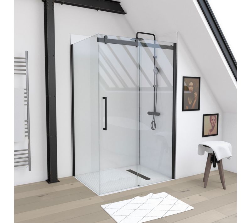 Paroi De Retour Pour Paroi Porte De Douche Type Industriel Noir Mat - 90x200cm - Verre Trempe 8mm