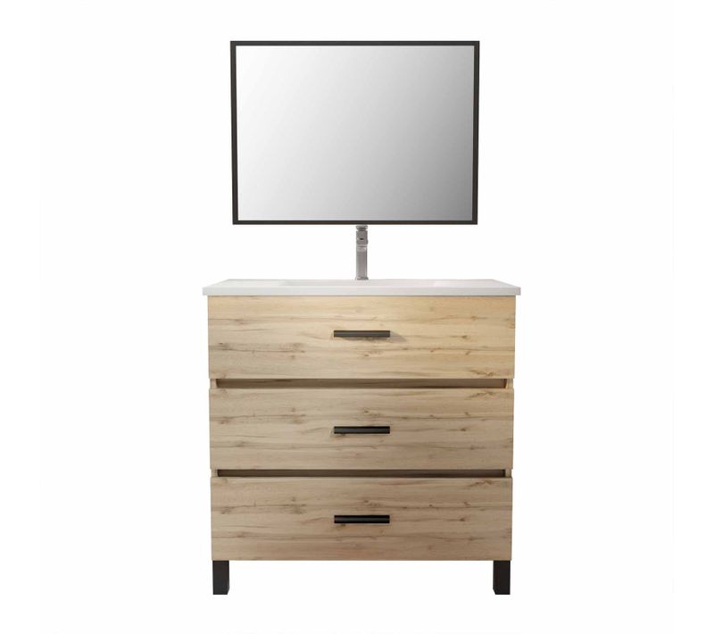 Meuble De Salle De Bain 80 Cm - Chêne Industriel - 3 Tiroirs - Vasque Et Miroir