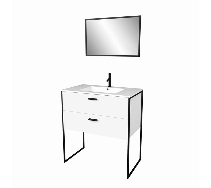 Ensemble Meuble De Salle De Bain - Blanc Avec Pieds Style Industriel - 2 Tiroirs - Vasque Blanche