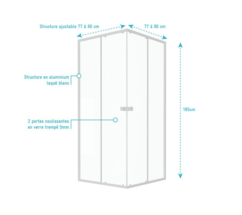Paroi Porte De Douche Carrée Blanc Extensible 77 à 90cm De Largeur - Verre Transparent - Whity