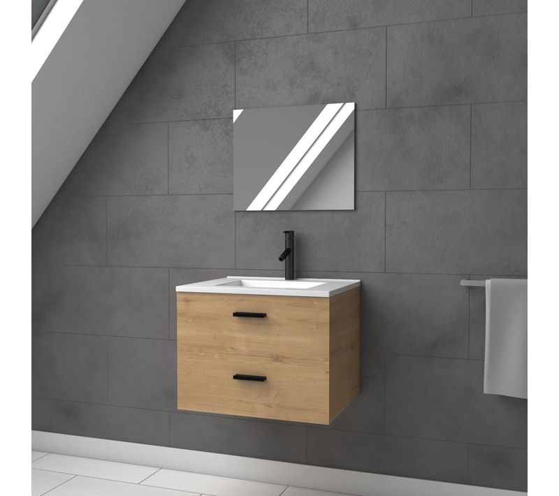 Meuble Vasque 60 Cm Suspendu 2 Tiroirs Finition Bois Avec Vasque Et Miroir - Bois