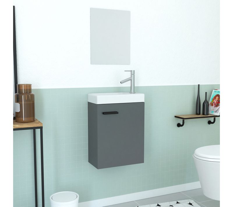 Lave Main Avec Miroir - 50x40 Cm - Gris Foncé