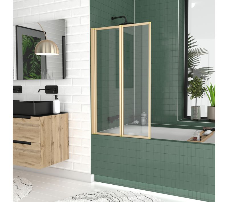 Pare Baignoire Pivotant 2 Volets Or Doré Brossé - Verre Trempé 4mm - Duplo