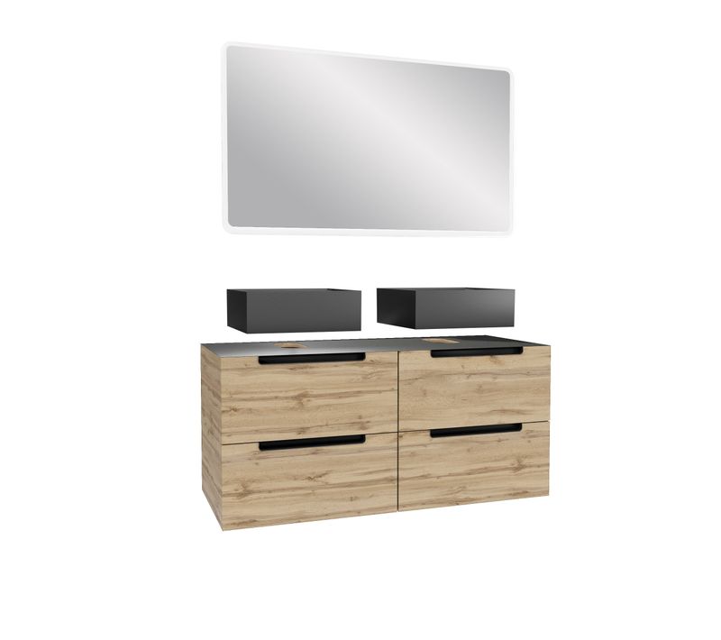 Meuble Salle De Bains 120cm Chêne Et Noir, Vasques Carrées Et Miroir LED 120x70 - Omega