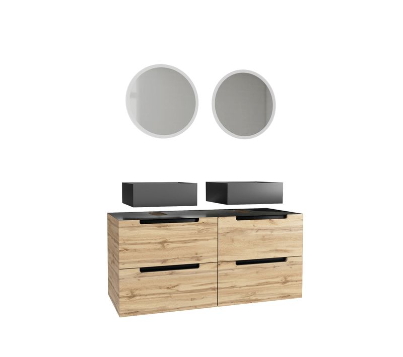Meuble Salle De Bains 120cm Chene Et Noir, Vasques Carrees Et Miroirs LED Diam 50cm - Omega