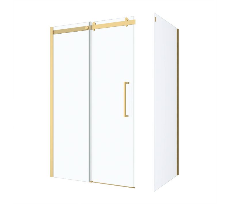 Pack Porte De Douche Coulissante 120x200cm Et Retour 90cm - Or Doré Brossé Et Verre Trempé 6mm